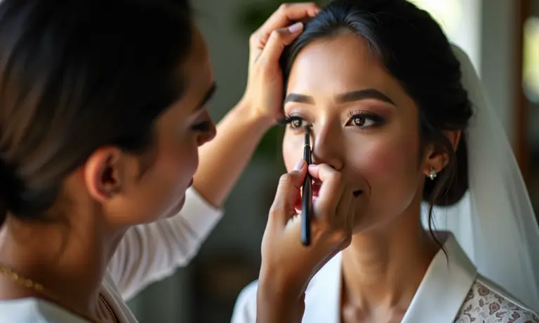Maquiador profissional aplicando maquiagem impecável em noiva, luz natural.