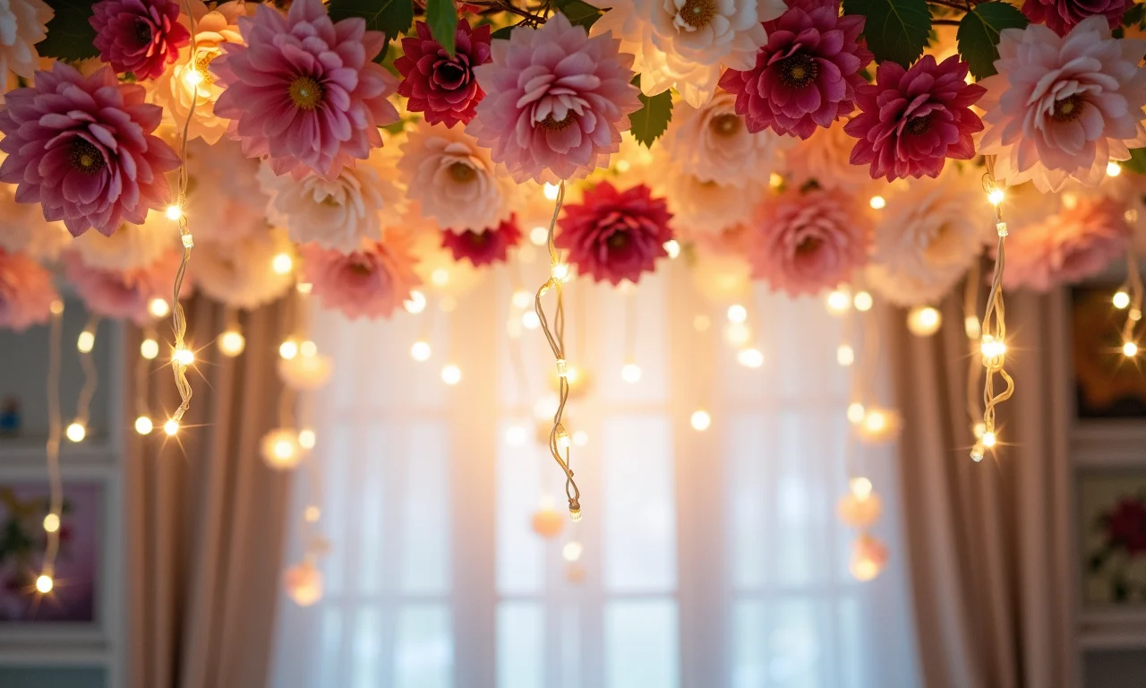 Materiais usados na decoração aérea: flores de seda, luzes, tule e madeira.