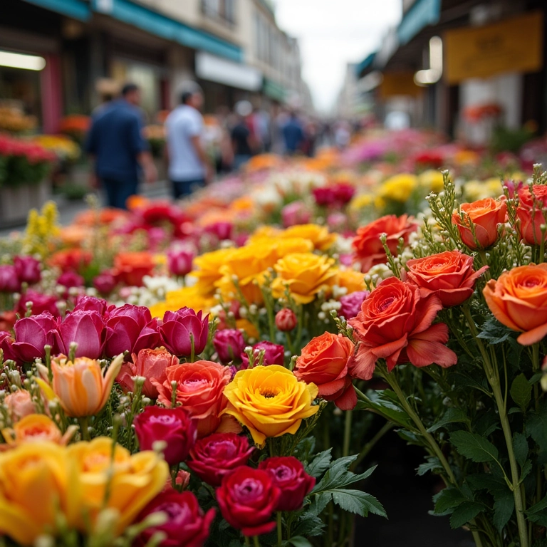Mercado de flores movimentado com buquês coloridos.