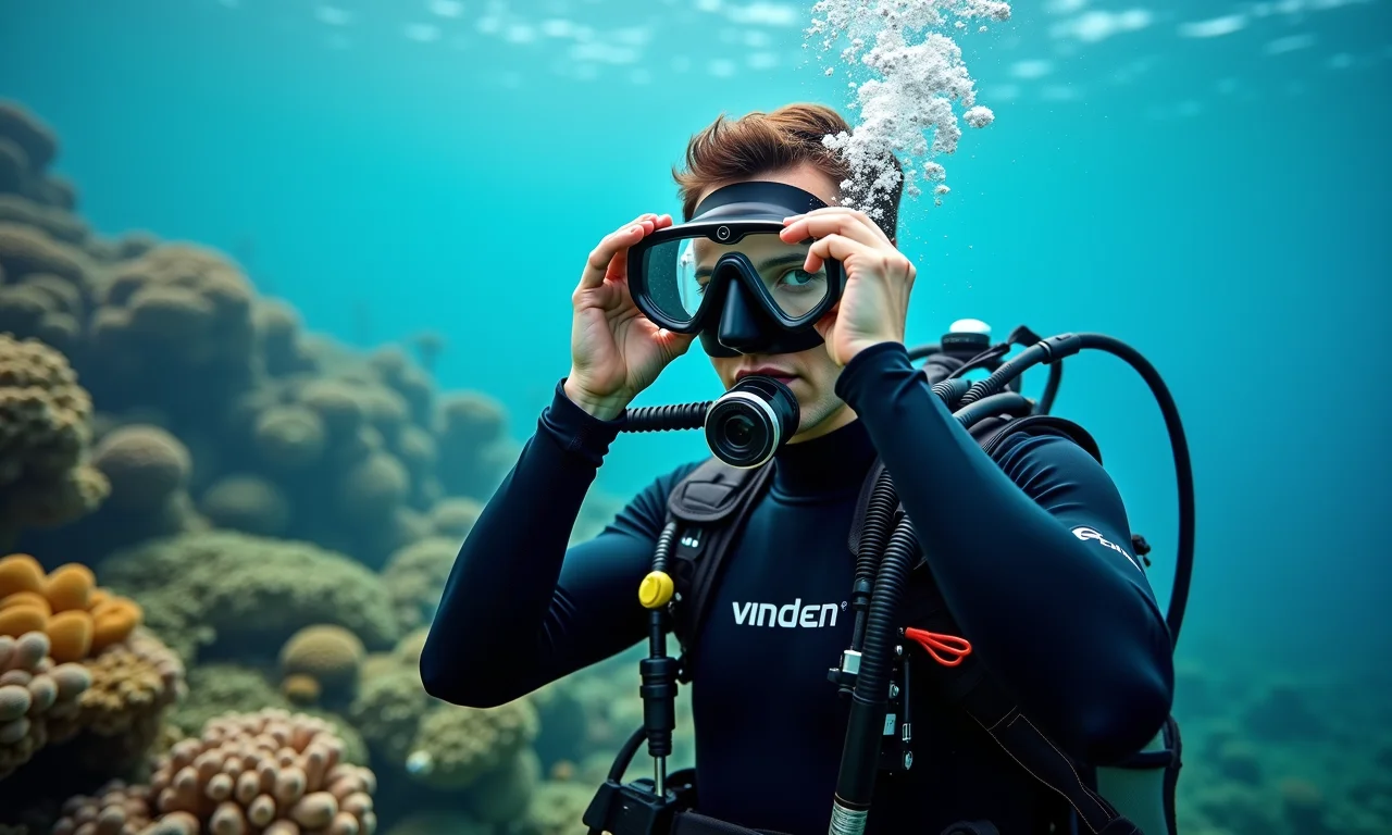 Mergulhador ajustando máscara de mergulho com lentes de contato.