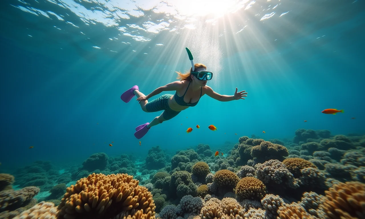 Mergulhador explorando recife de coral raso com snorkel.