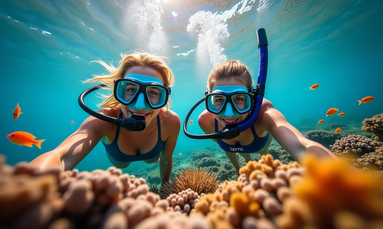 Mergulhadores com máscaras e snorkels Cressi explorando recife de coral.