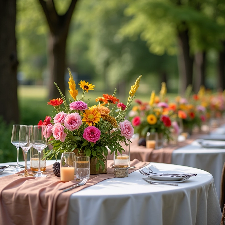 Mesa ao ar livre decorada com flores coloridas.