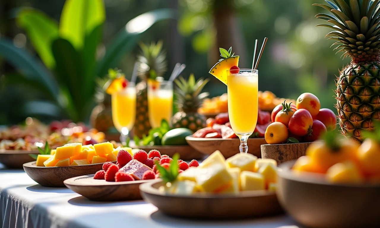 Mesa de buffet de casamento com comida brasileira colorida.