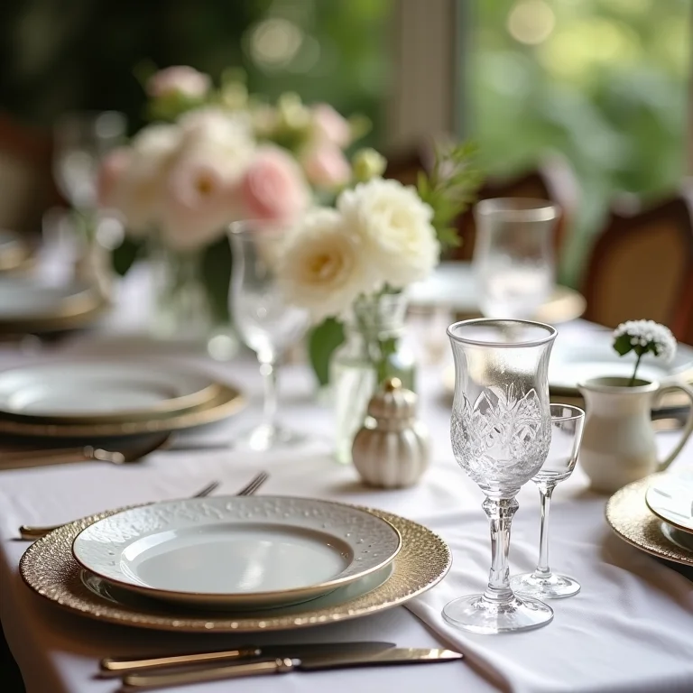 Mesa de casamento com louças e cristais diferentes, criando um visual único.