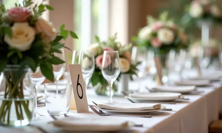 Mesa de casamento decorada com numeração criativa.