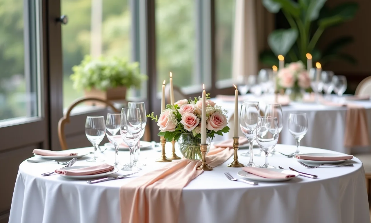 Mesa de casamento decorada com voal, flores e velas.