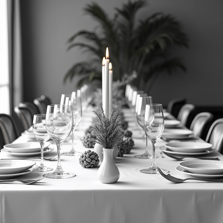 Mesa de casamento em preto e branco com decoração moderna.