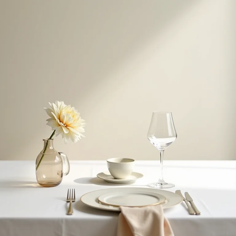 Mesa de casamento minimalista com uma única flor.