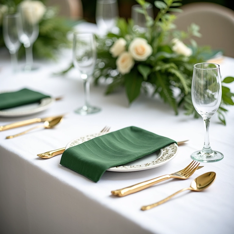 Mesa de casamento moderna com detalhes em Costela de Adão e talheres dourados.
