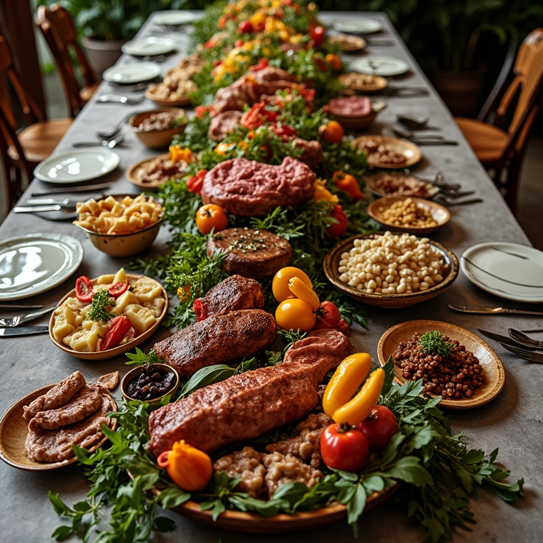 Mesa de churrasco de casamento decorada com acompanhamentos brasileiros.