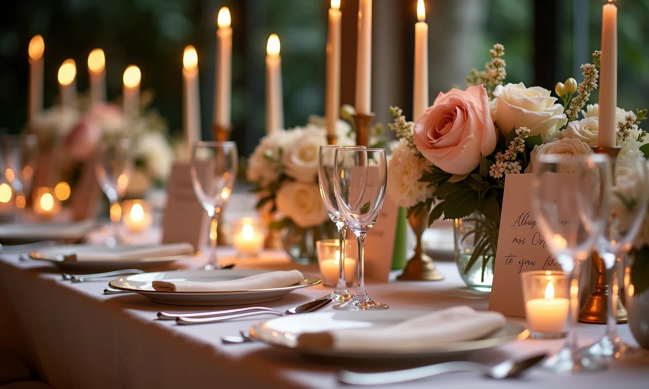 Mesa de recepção de casamento com mensagem personalizada.
