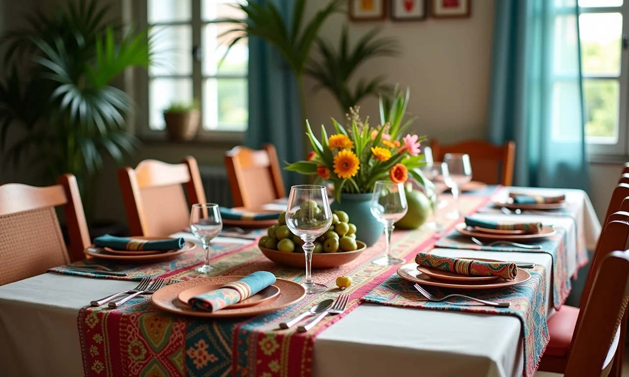 Mesa decorada com jogo americano e elementos decorativos.