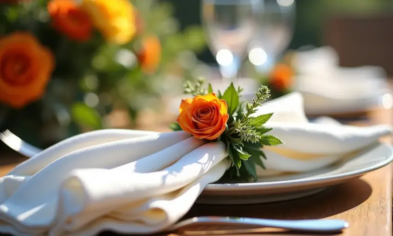 Mesa decorada com porta-guardanapos de flores naturais.