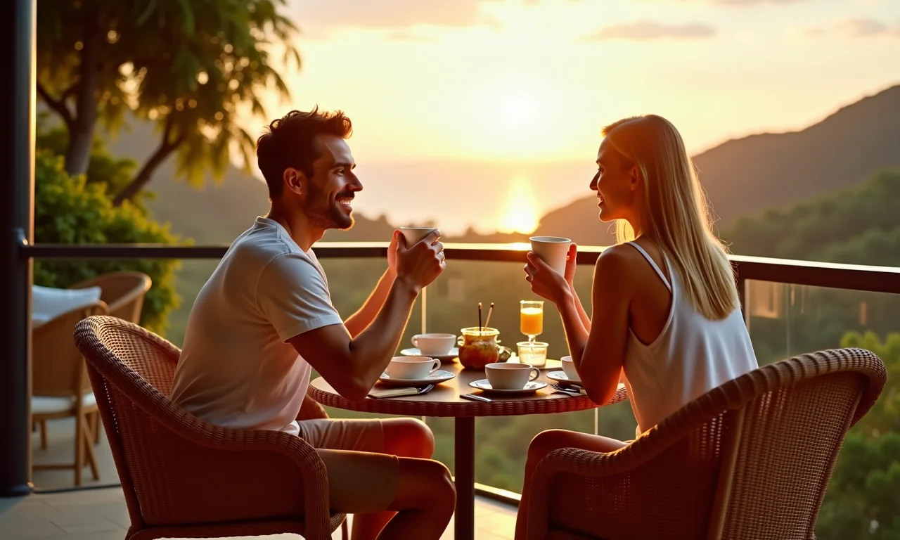 Mesa e cadeiras de vime na varanda ensolarada, casal tomando café.