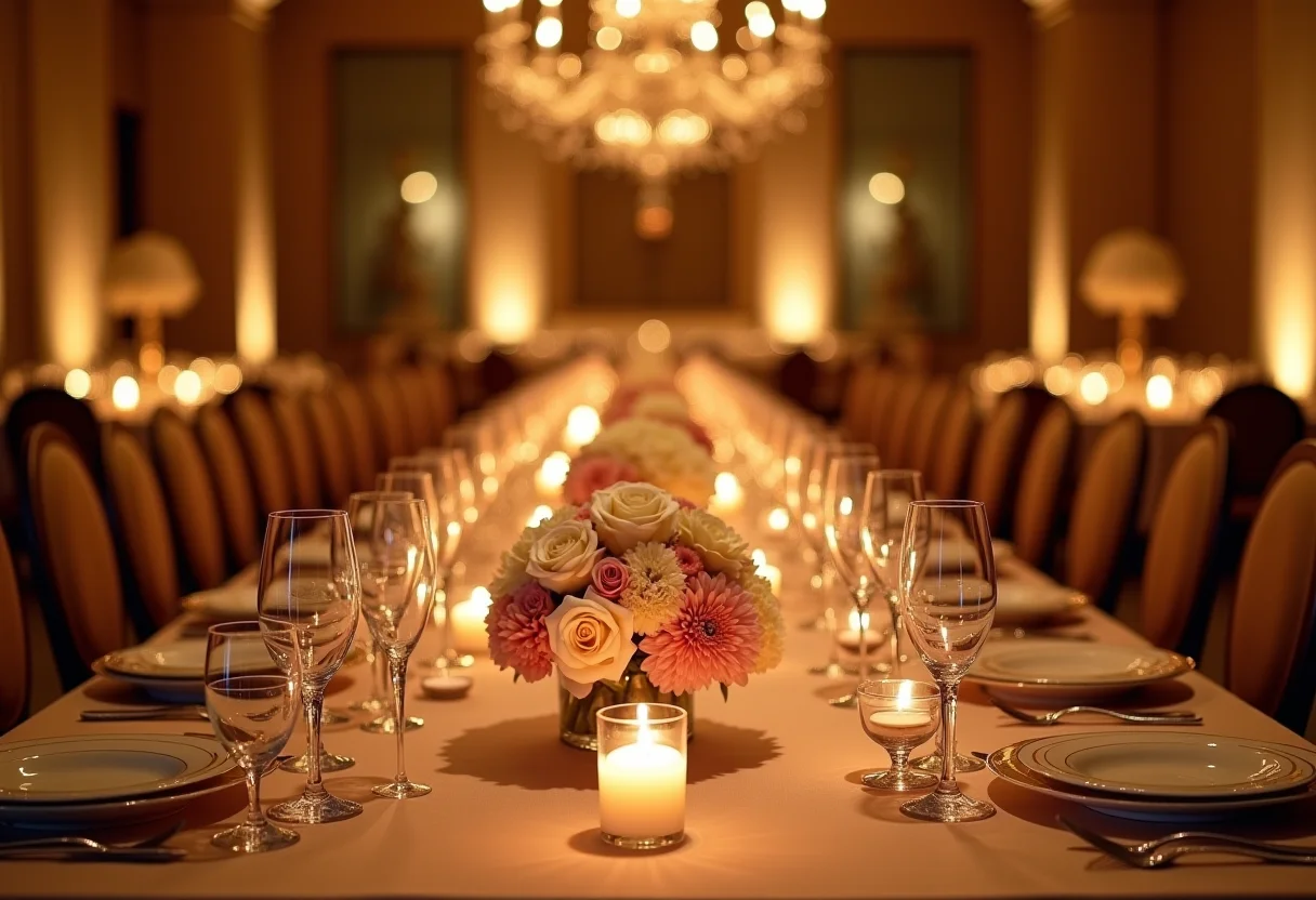 Mesa imperial ricamente decorada em casamento de luxo com iluminação suave.