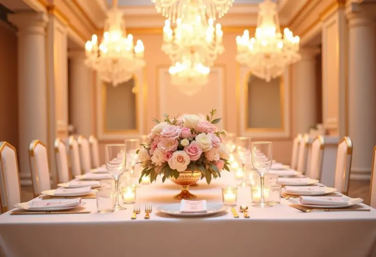 Mesa imperial ricamente decorada para um casamento luxuoso.