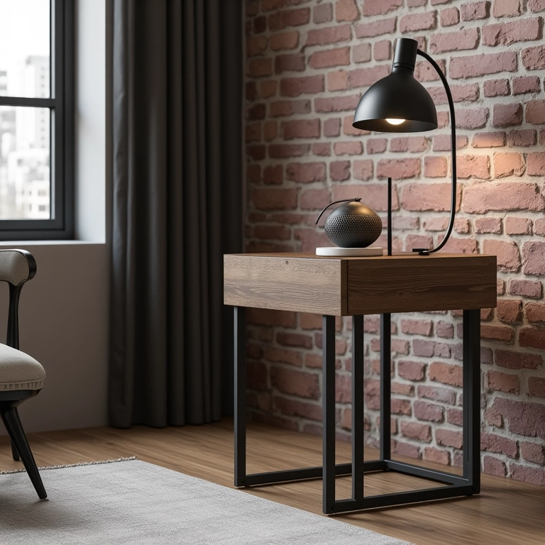 Mesa lateral industrial em sala moderna com parede de tijolos aparentes.