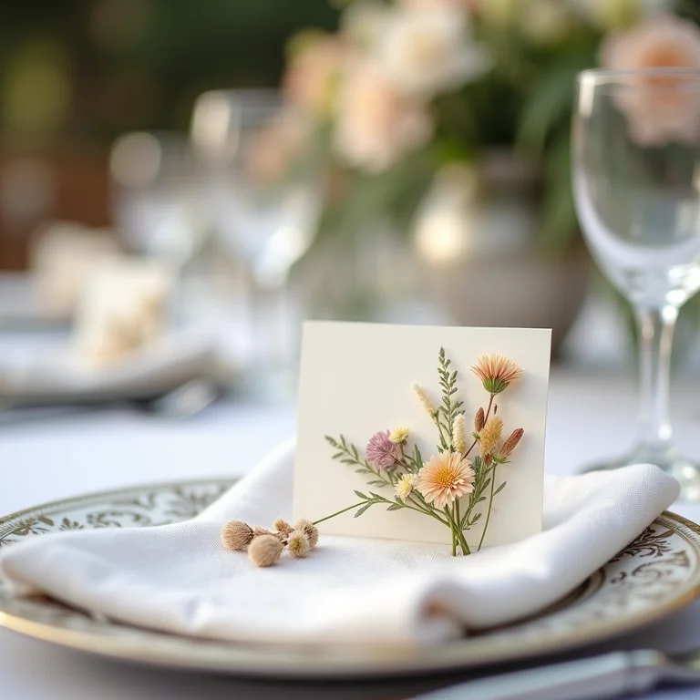 Mesa posta com marcadores de lugar de flores secas