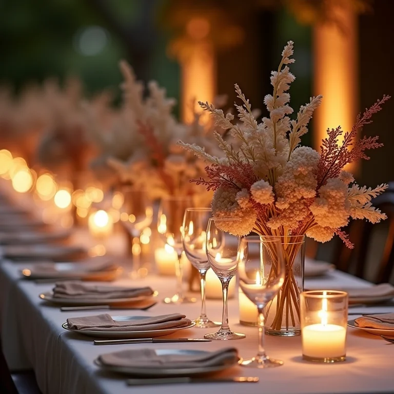 Mesa posta elegante com arranjos de flores secas.