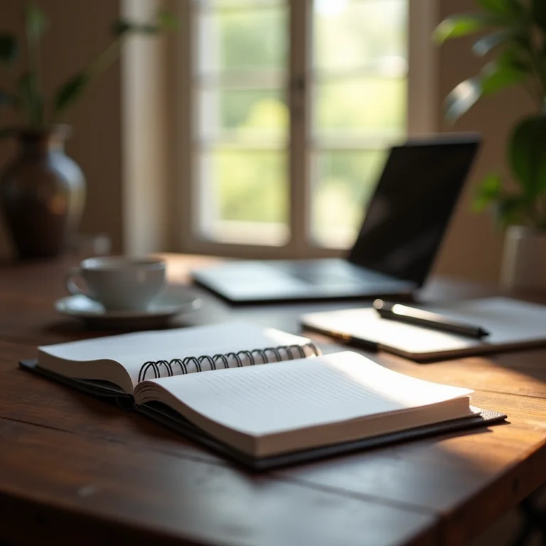Mesa retangular de madeira escura com materiais de escritório elegantes.