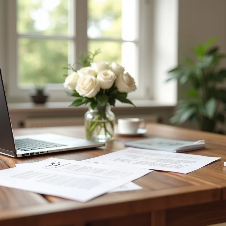 Mesa retangular em um escritório com materiais de planejamento de casamento.