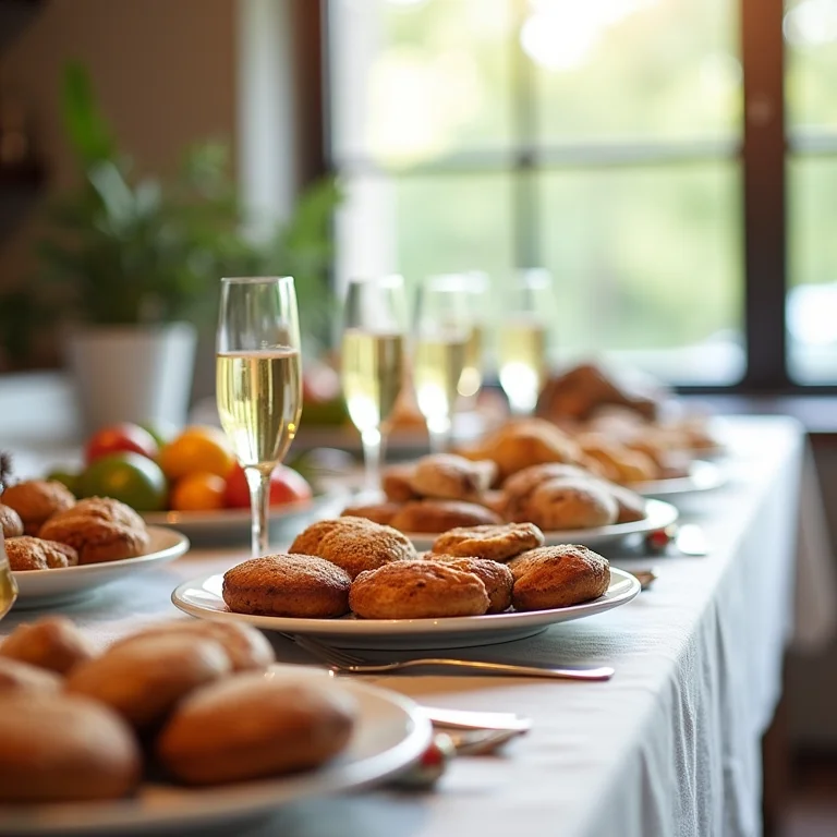 Mesa retangular na cozinha servindo como buffet de brunch de casamento.