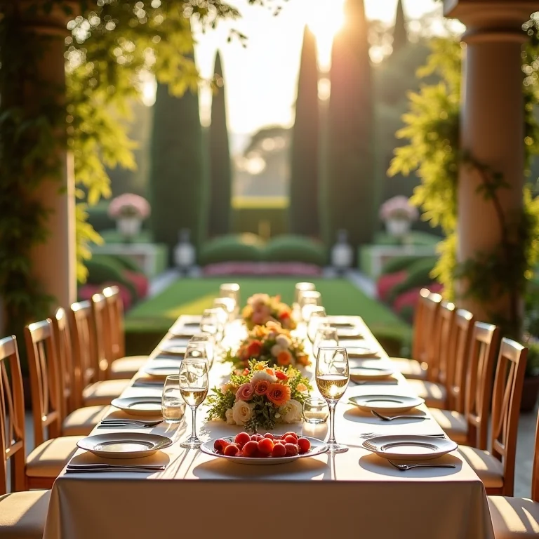 Mesa retangular na varanda com bebidas e aperitivos para um encontro pré-casamento.