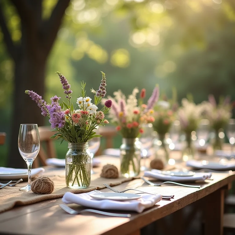 Mesa rústica decorada com flores silvestres