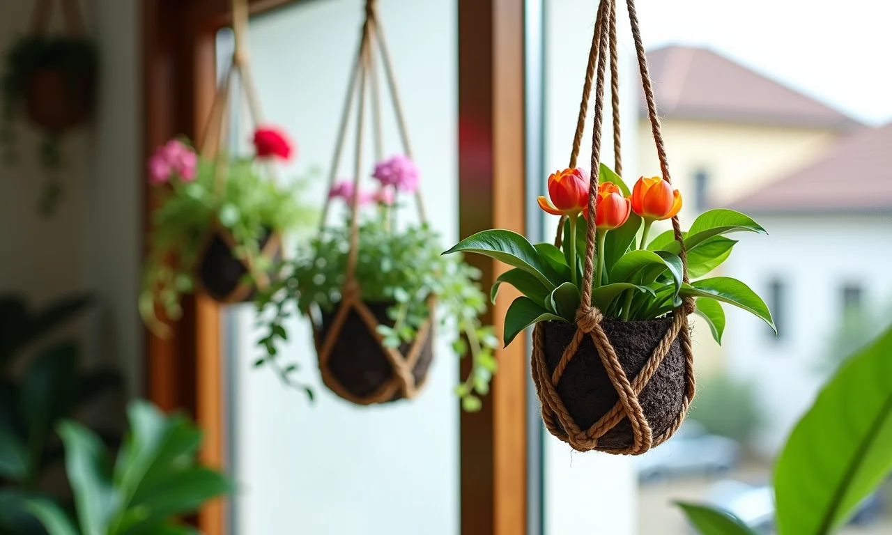 Mini jardins suspensos com flores e folhagens diversas.