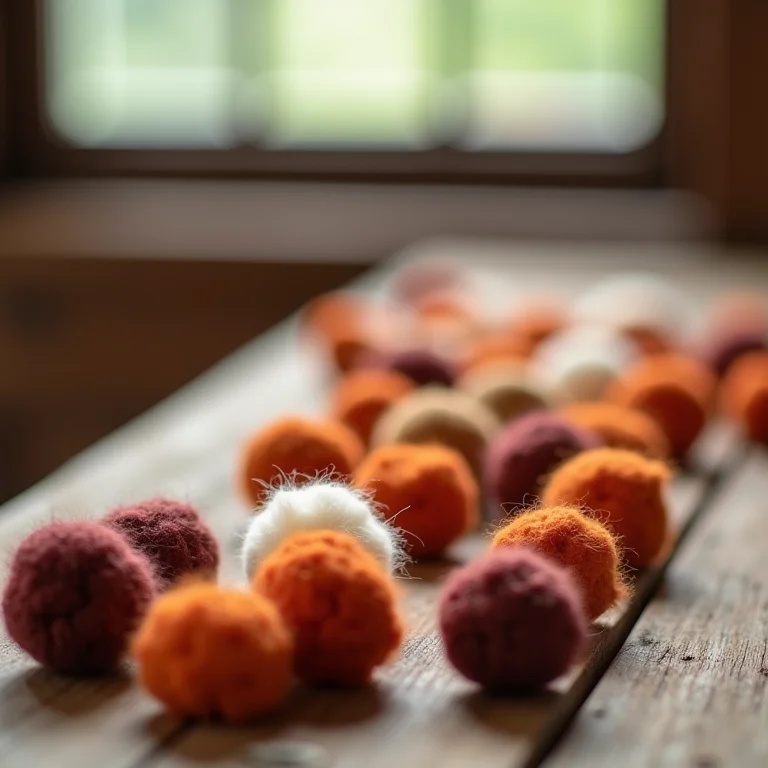 Mini pompons de lã em tons terrosos em mesa de madeira rústica