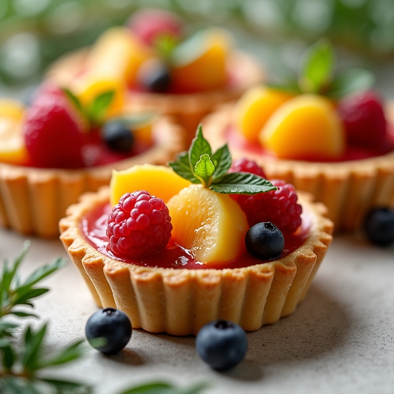 Mini tortas individuais decoradas com frutas frescas.