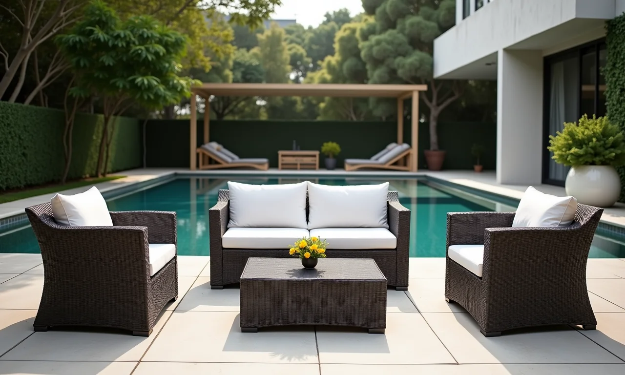 Móveis de vime da marca Butzke em área externa.