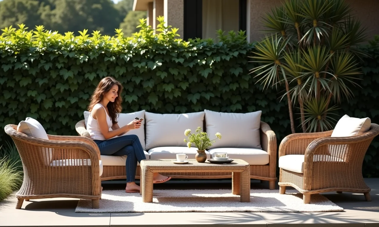Móveis de vime da Tok Stok em área externa estilosa.