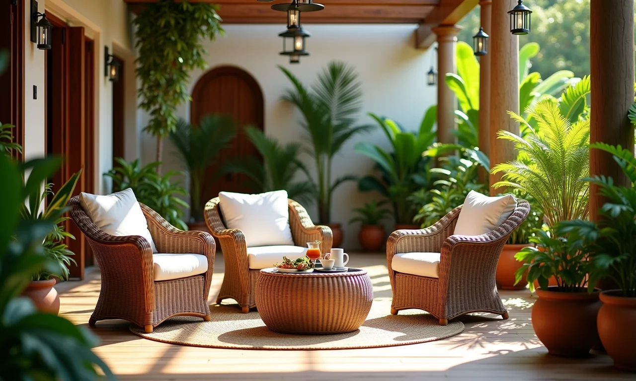 Móveis de vime em área externa aconchegante com decoração brasileira.
