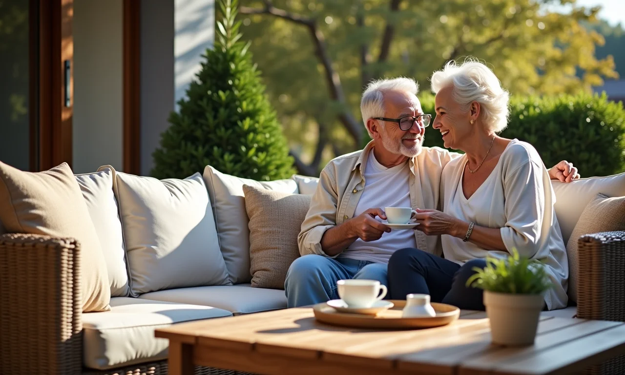 Móveis de vime misturados com outros materiais em área externa.