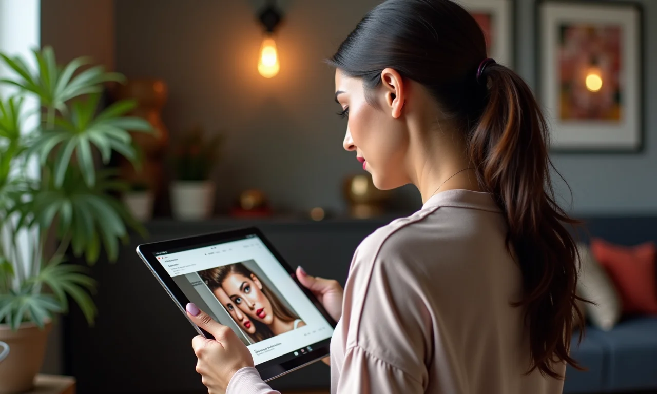 Mulher analisando o portfólio de um maquiador em um tablet.