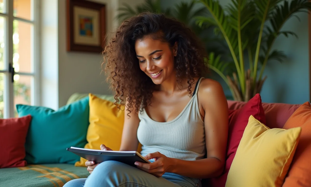 Mulher brasileira calculando o orçamento ideal para cada cota da lua de mel.
