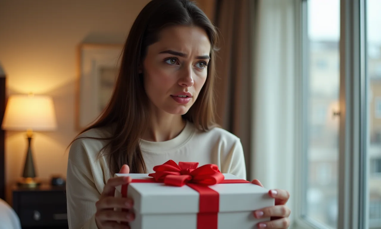 Mulher com expressão pensativa ao receber surpresa em hotel.