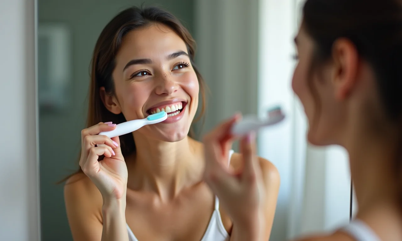 Mulher conferindo o resultado do clareamento dental no espelho.