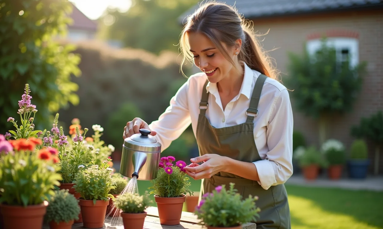 Mulher cuidando de flores plantadas após o casamento.