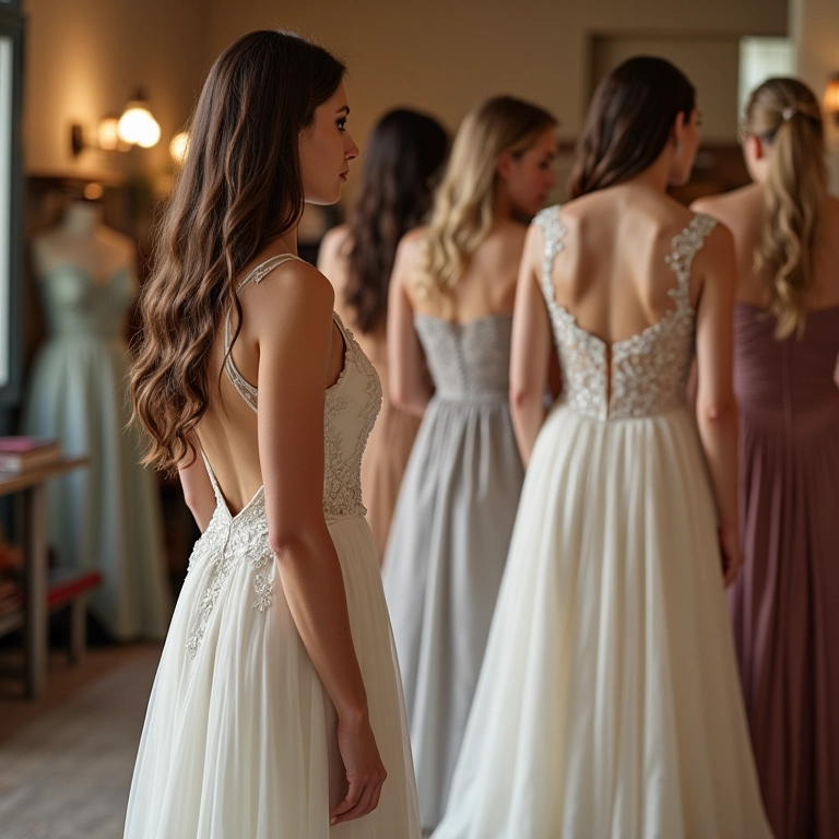 Mulher escolhendo vestido elegante para usar em casamento.