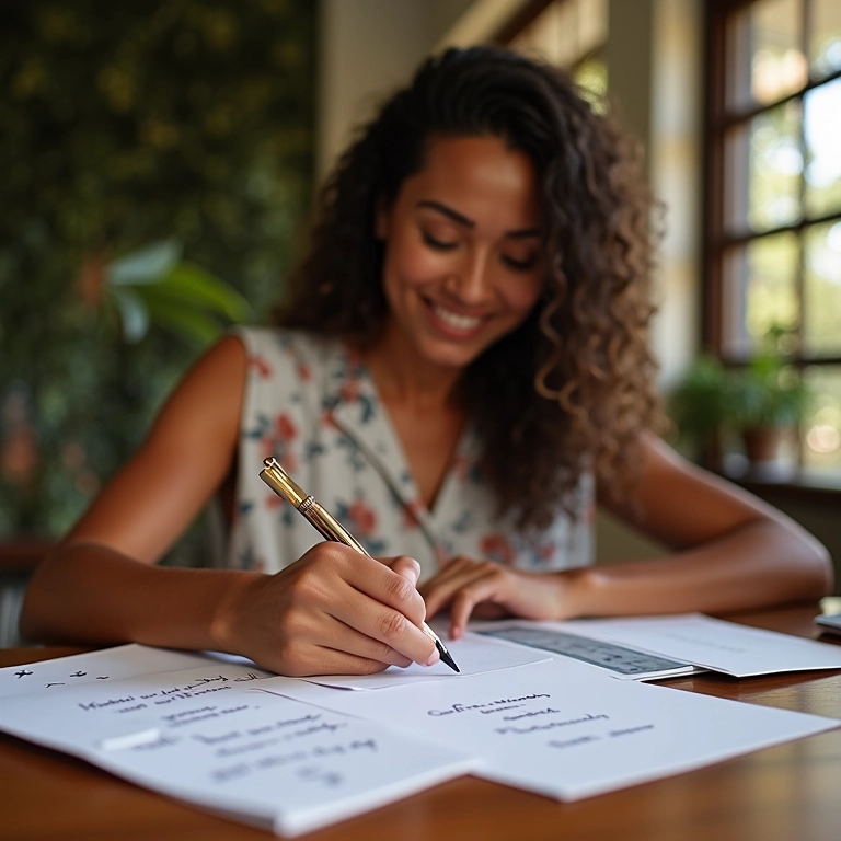Mulher escrevendo agradecimentos pelos presentes em dinheiro recebidos.
