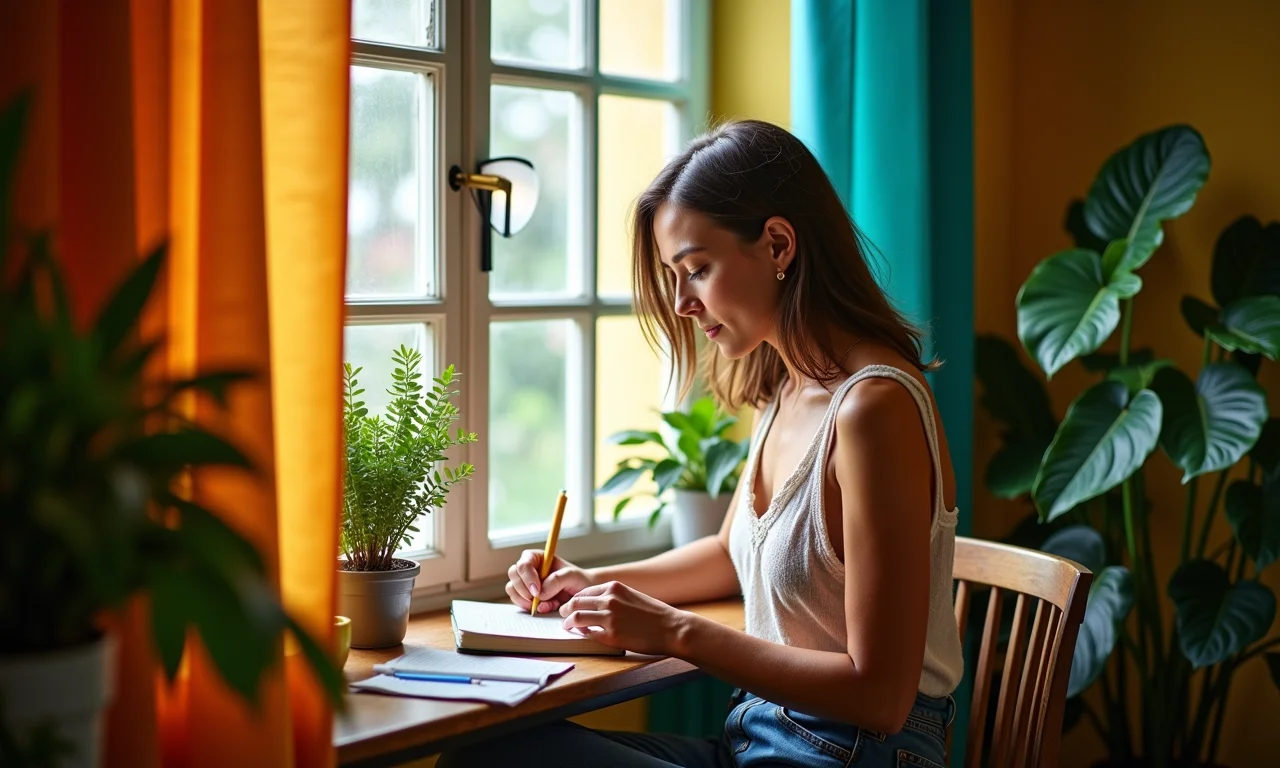 Mulher escrevendo em diário perto da janela, praticando autoanálise em ambiente acolhedor.