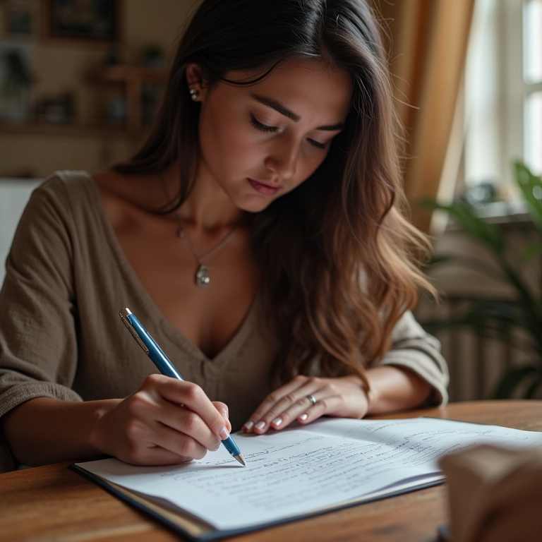 Mulher escrevendo RSVP de casamento com pesar.