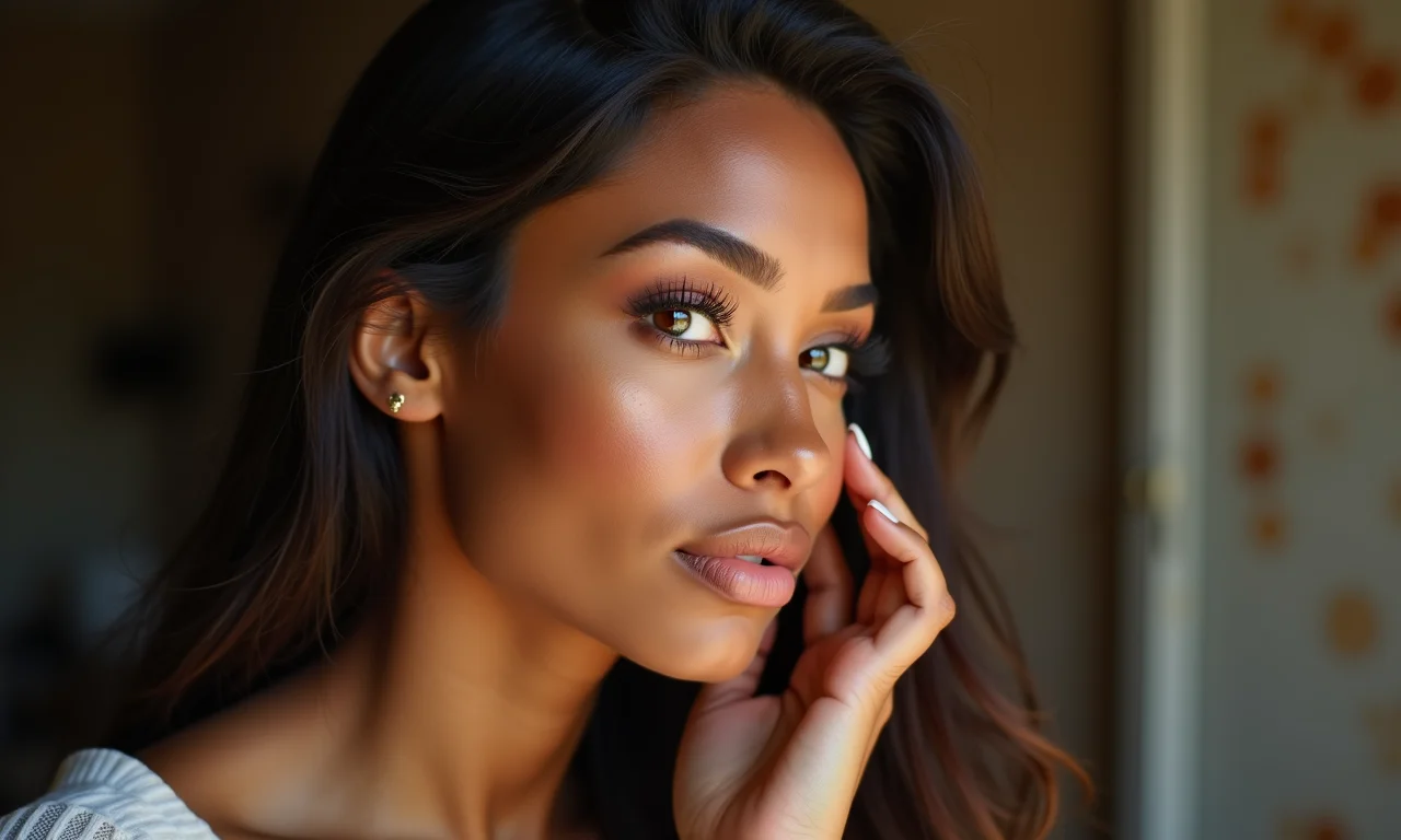 Mulher experimentando diferentes estilos de maquiagem com maquiador.