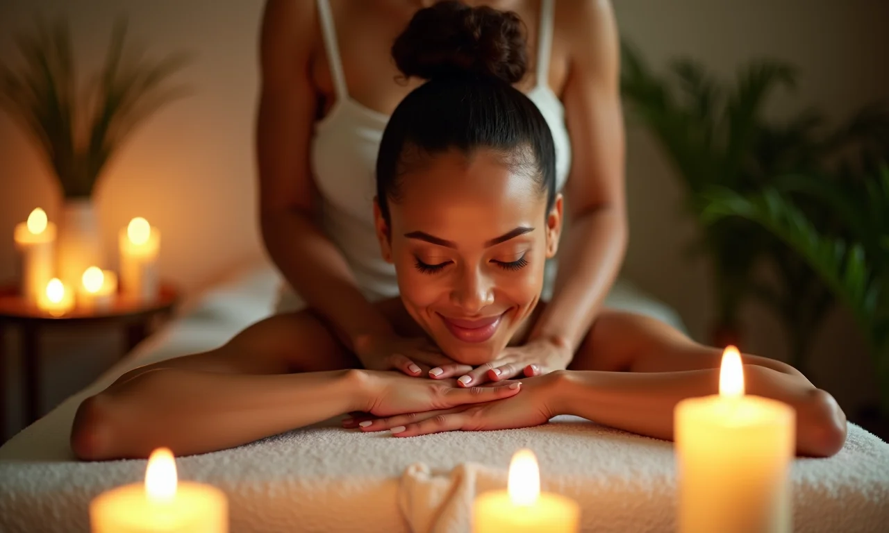 Mulher fazendo automassagem em um spa particular em casa.
