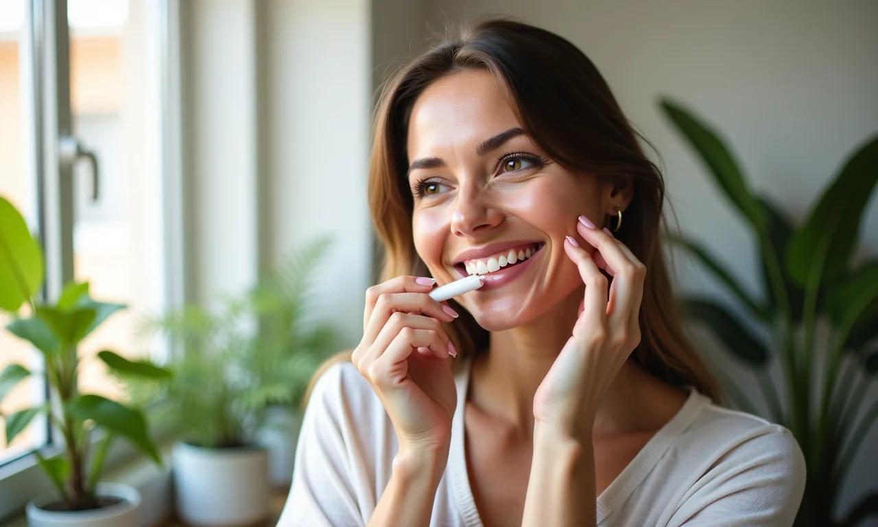 Mulher fazendo clareamento dental caseiro com sorriso confortável.