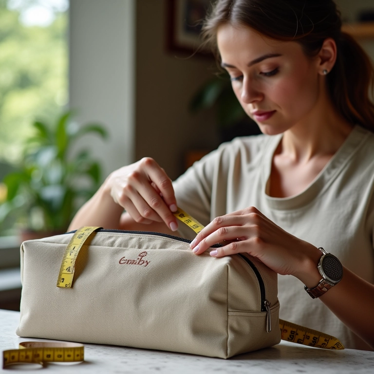 Mulher inspecionando costuras de ecobag personalizada com fita métrica.