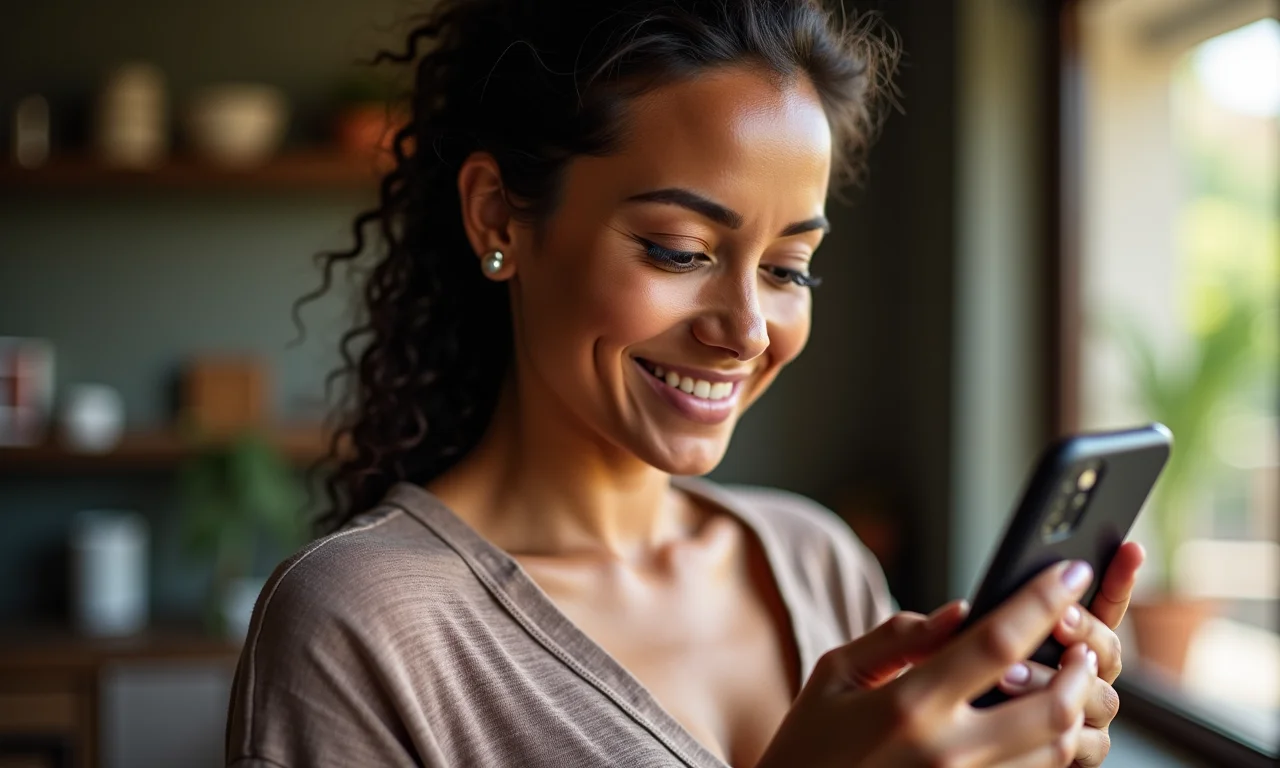 Mulher lendo avaliações de maquiadores no celular.